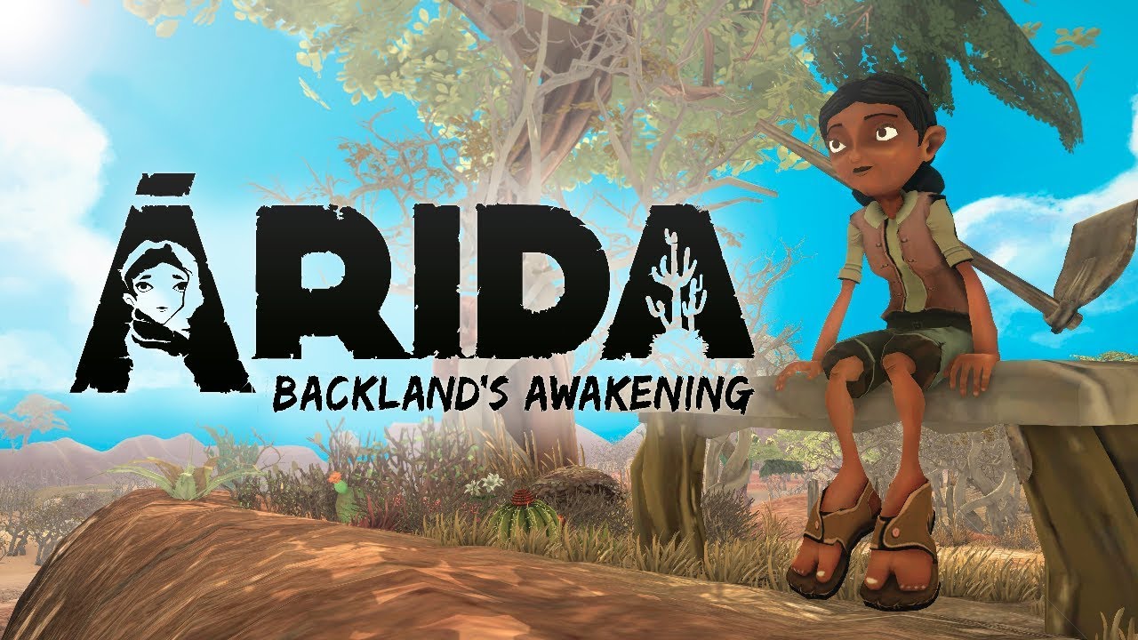 Capa do jogo ÁRIDA: O Despertar do Sertão, com a logomarca do game, e a personagem Cícera ao lado, sentada num tronco. Ao fundo, desfocado, vemos o cenário do nordeste sertanejo.