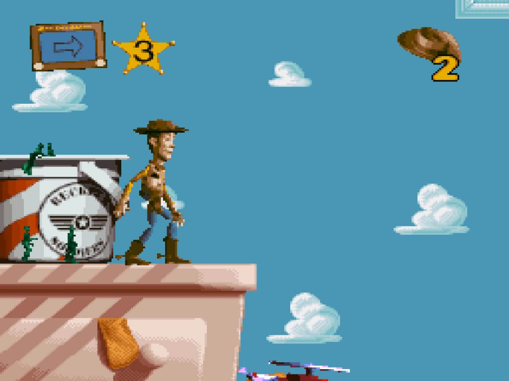 Imagem mostra o início da jogatina de Toy Story (1995). Na imagem, Woody está em cima de uma mesa, junto aos soldadinhos de brinquedo de Andy. O cenário é o quarto do Andy dentro do jogo de Super Nintendo.