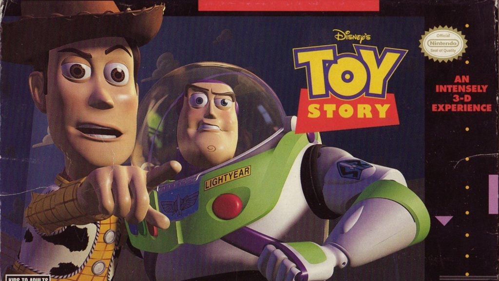 Capa do game Toy Story de Super Nintendo. Na esquerda, Woody e à sua direita, Buzz Lightyear.